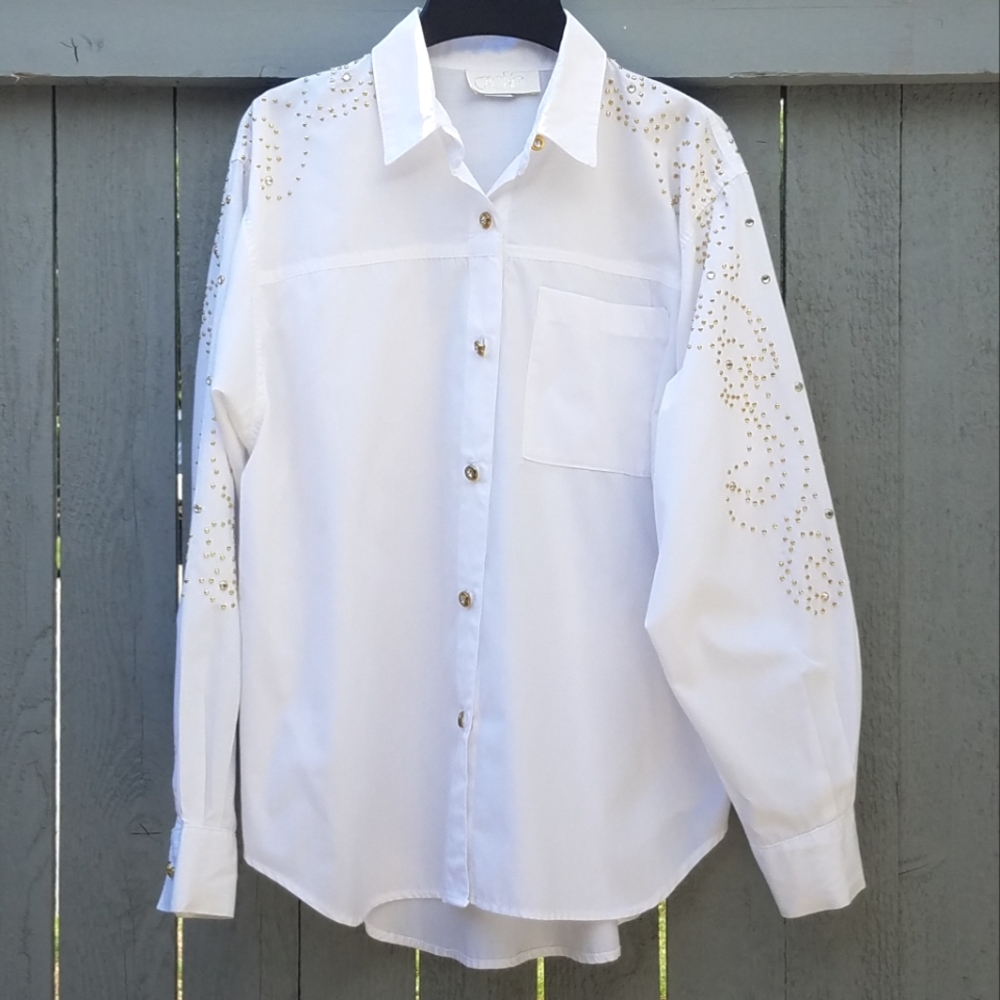 Cache Vintage Bedazzled White Blouse Size M